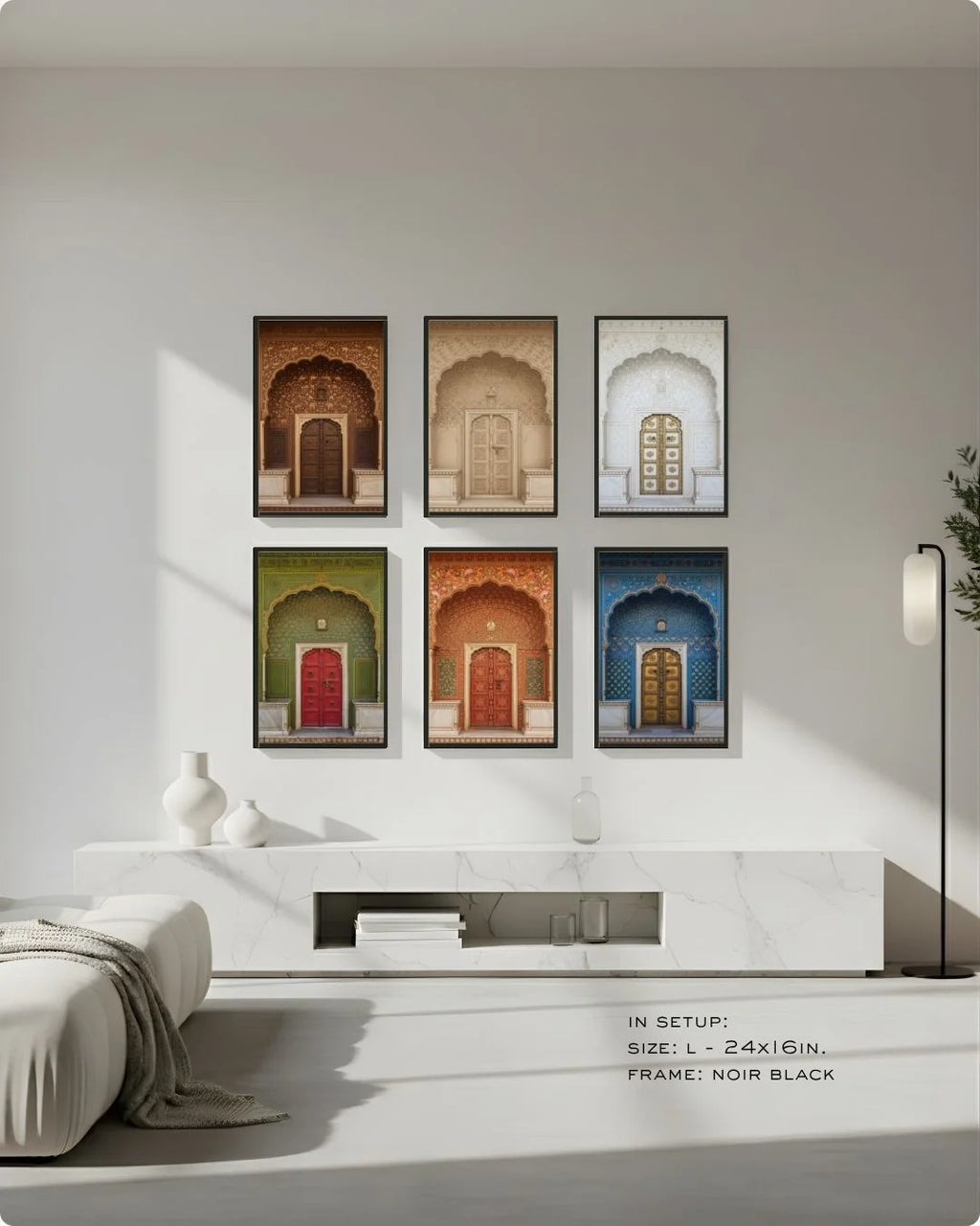 Large (Size L) 6-piece full cultural architectural art set in Noir Black frames, demonstrating ideal grand living room gallery wall scale.