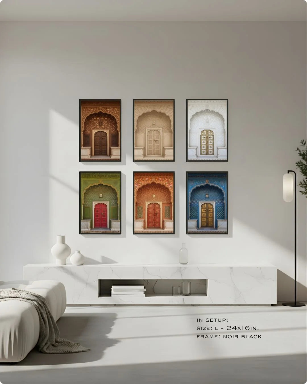 Large (Size L) 6-piece full cultural architectural art set in Noir Black frames, demonstrating ideal grand living room gallery wall scale.
