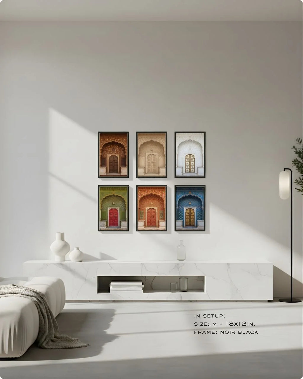 Medium (Size M) 6-piece heritage doorway art set in Noir Black frames, styled above a modern low TV console for scale comparison.
