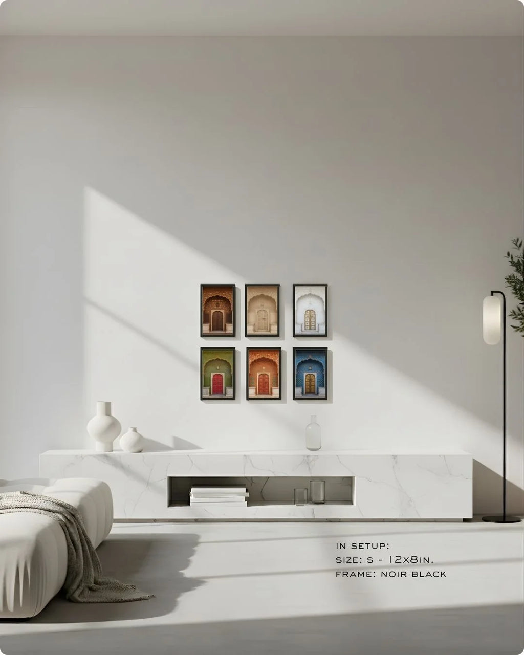Small (Size S) 6-piece vibrant and neutral cultural print set in Noir Black frames, showcasing a compact yet impactful 6-piece gallery wall.