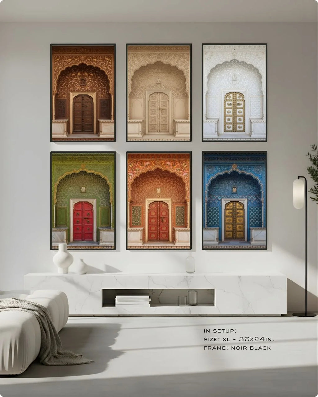 Extra Large (Size XL) 6-piece Indian heritage doorway gallery wall in Noir Black frames, creating a monumental architectural statement in a white minimalist living room.