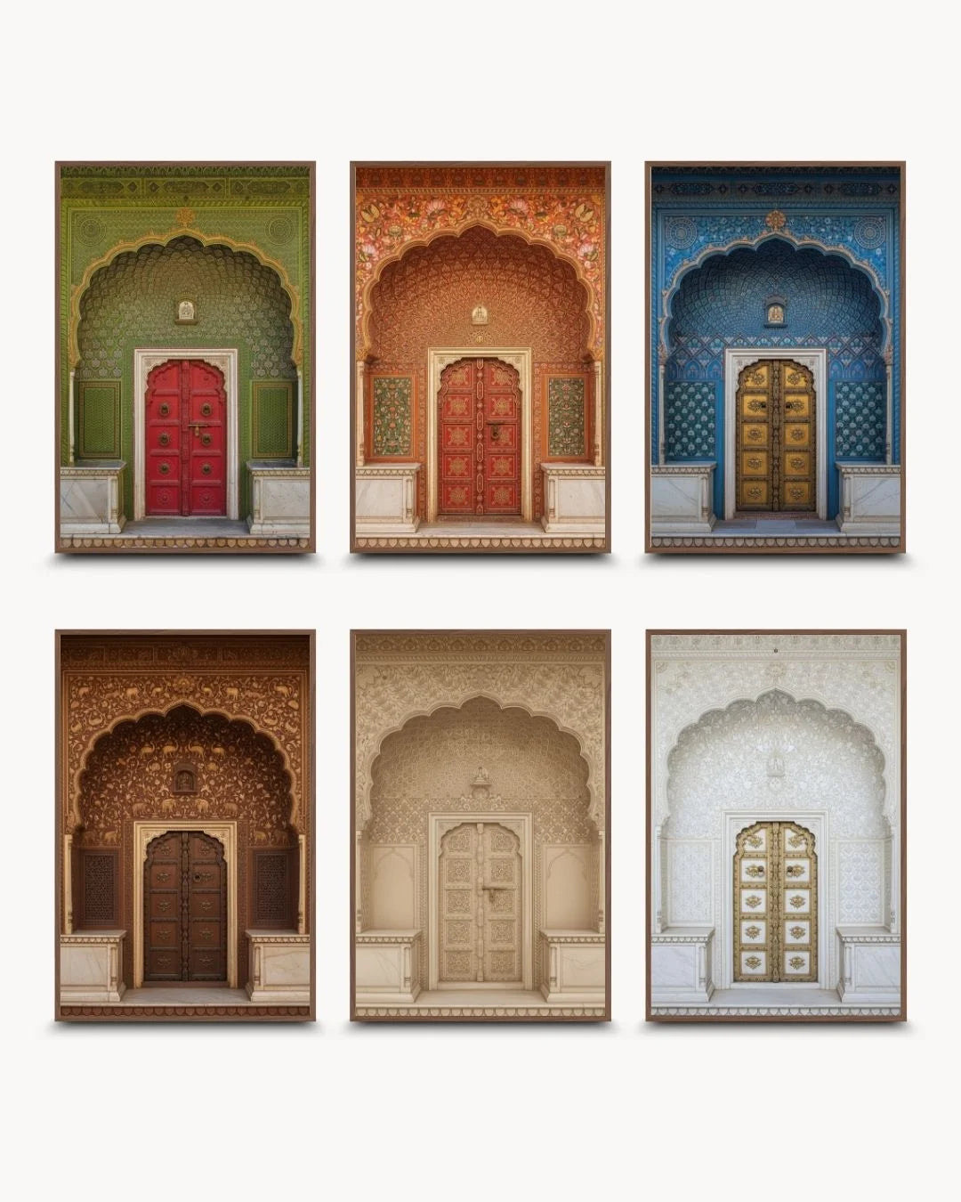 Sophisticated 6-piece heritage doorway gallery wall in warm Walnut Wood frames; a complete collection of vibrant and earthy Indian architectural art.
