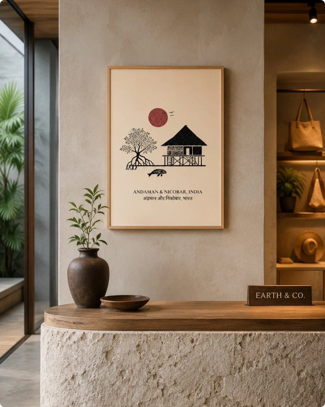 A framed art print featuring a minimalist black line drawing of a house, tree, and red sun on a cream background, hanging on a textured beige wall above a wooden counter in a warm, modern interior.