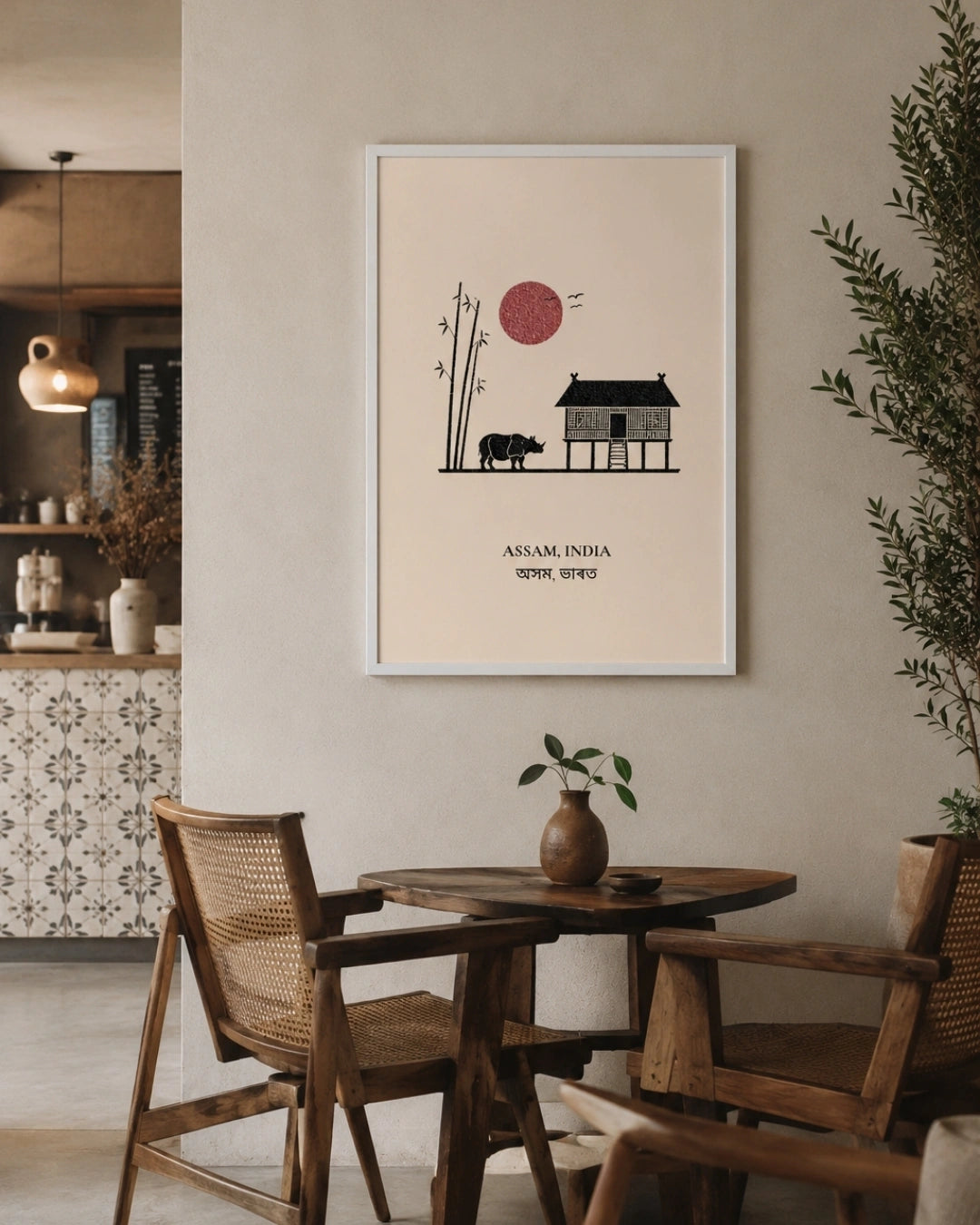 A framed minimalist art print featuring a black silhouette of a house, elephant, bamboo, and red sun on a cream background, with the text 'ASSAM, INDIA' and '2023'. The print is displayed on a beige wall in a styled dining room setting with wooden chairs and a table.
