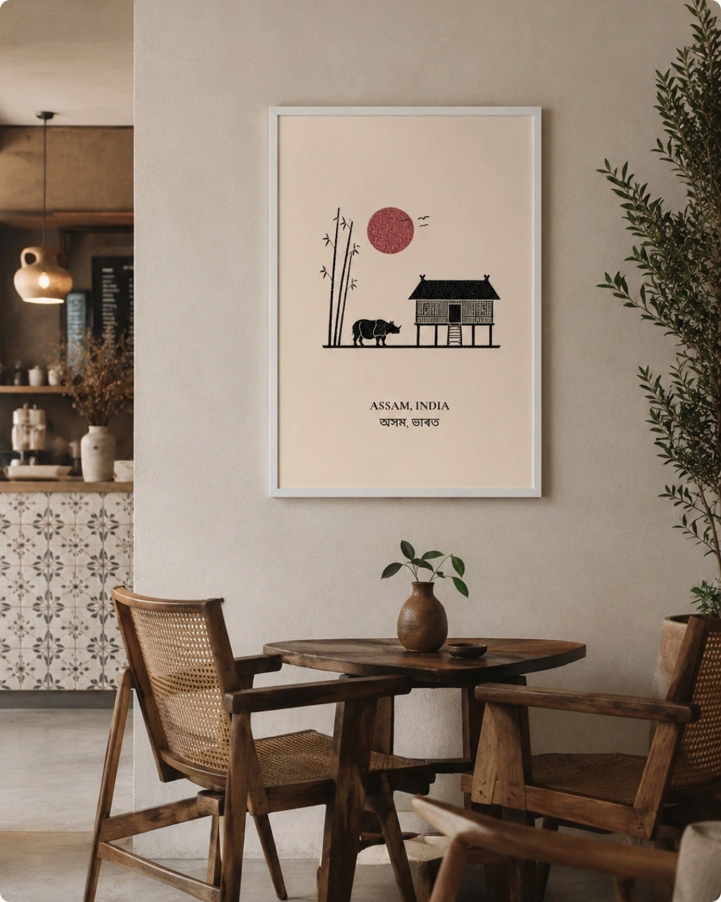 A framed minimalist art print featuring a black silhouette of a house, elephant, bamboo, and red sun on a cream background, with the text 'ASSAM, INDIA' and '2023'. The print is displayed on a beige wall in a styled dining room setting with wooden chairs and a table.