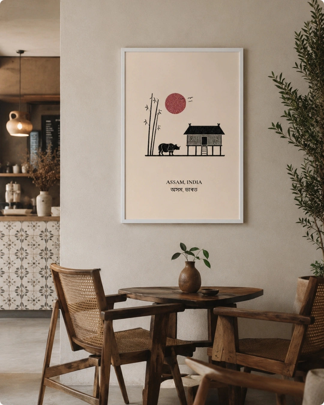 A framed minimalist art print featuring a black silhouette of a house, elephant, bamboo, and red sun on a cream background, with the text 'ASSAM, INDIA' and '2023'. The print is displayed on a beige wall in a styled dining room setting with wooden chairs and a table.