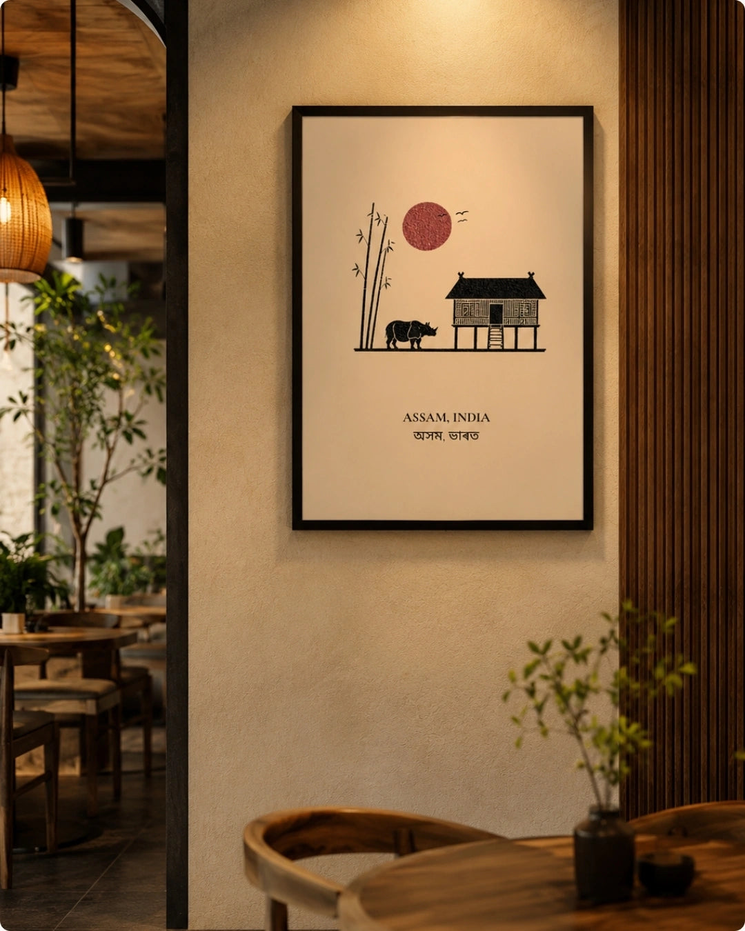 A framed art print featuring a minimalist illustration of Assam, India, with a stilt house, elephant, bamboo, and a red sun, displayed on a warm beige wall in a modern interior setting.