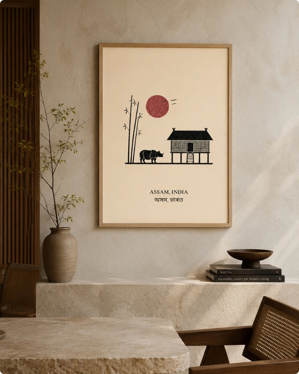 A framed art print featuring a minimalist illustration of an Assam landscape with a stilt house, elephant, bamboo, and red sun, displayed on a textured beige wall in a styled interior setting.