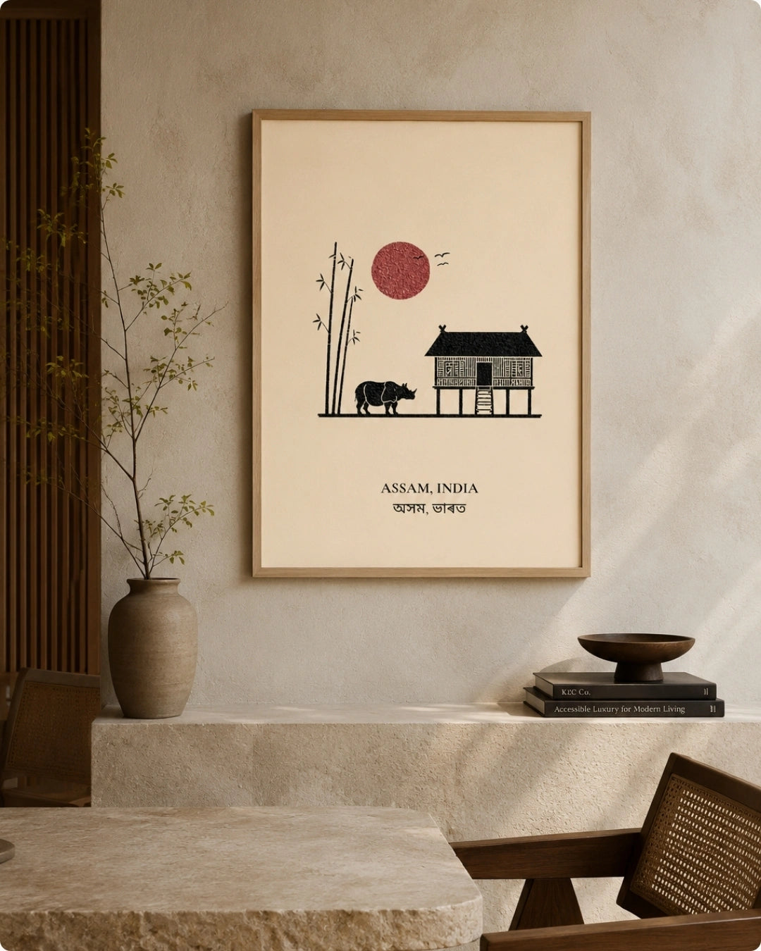 A framed art print featuring a minimalist illustration of an Assam landscape with a stilt house, elephant, bamboo, and red sun, displayed on a textured beige wall in a styled interior setting.