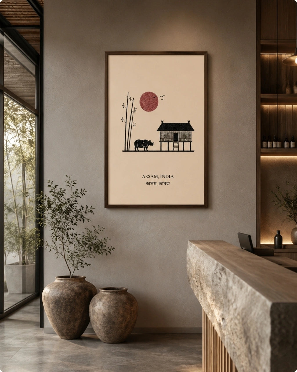 A framed minimalist art print featuring a house, rhinoceros, bamboo, and a red sun with the text 'ASIAN INDIA ROME, JERSEY' displayed on a warm gray wall in a modern interior setting.