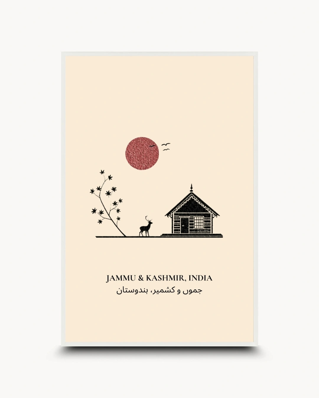 A minimalist travel art print poster for Jammu & Kashmir, India, featuring a cream background with a black line drawing of a house, a deer, and a flowering branch, alongside a textured red-pink sun. The text 'JAMMU & KASHMIR, INDIA' and its Arabic translation are printed at the bottom.