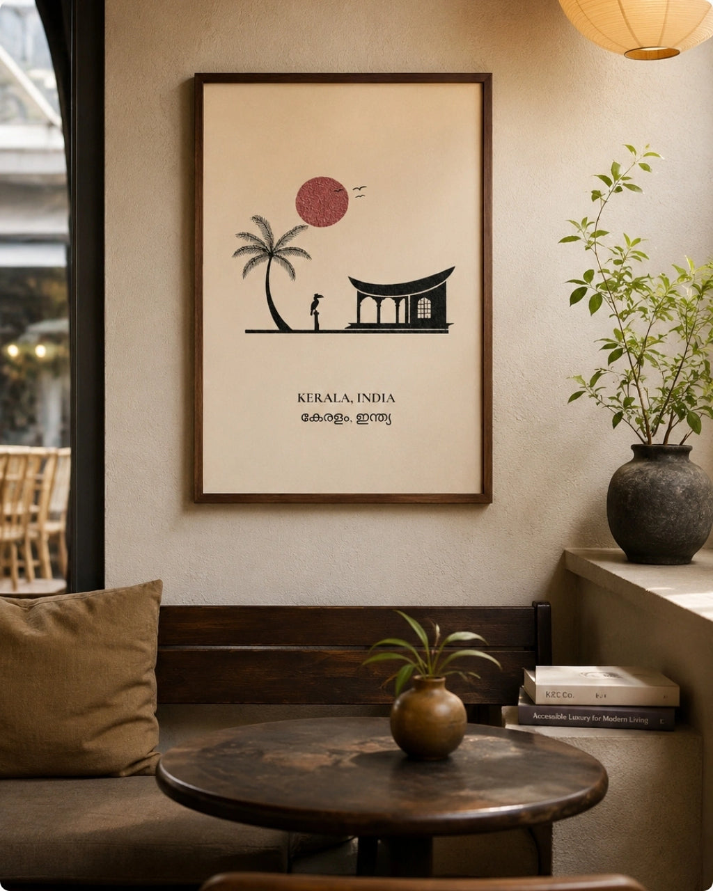 A framed minimalist art print featuring a black silhouette of a house and palm tree under a pink sun on a cream background, with 'KERALA, INDIA' and Kannada text below, displayed on a beige wall in a cozy interior setting.