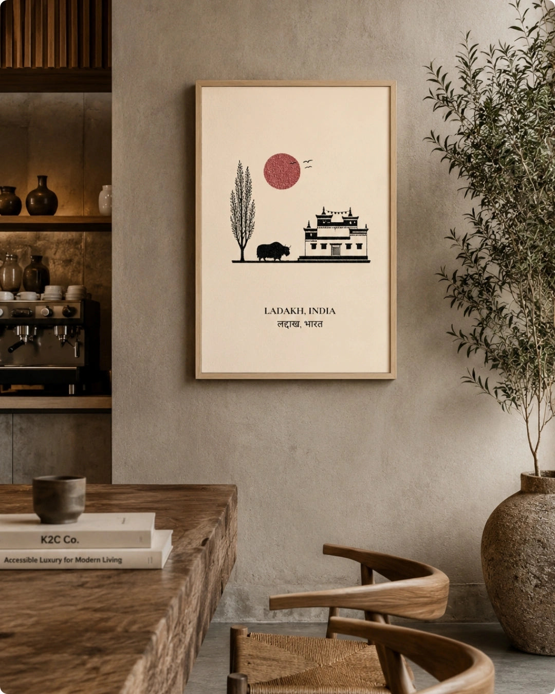 A framed minimalist art print featuring a red sun, a tree, a cow, and a building with the text 'LADAKH, INDIA' hanging on a textured gray wall in a styled interior setting.