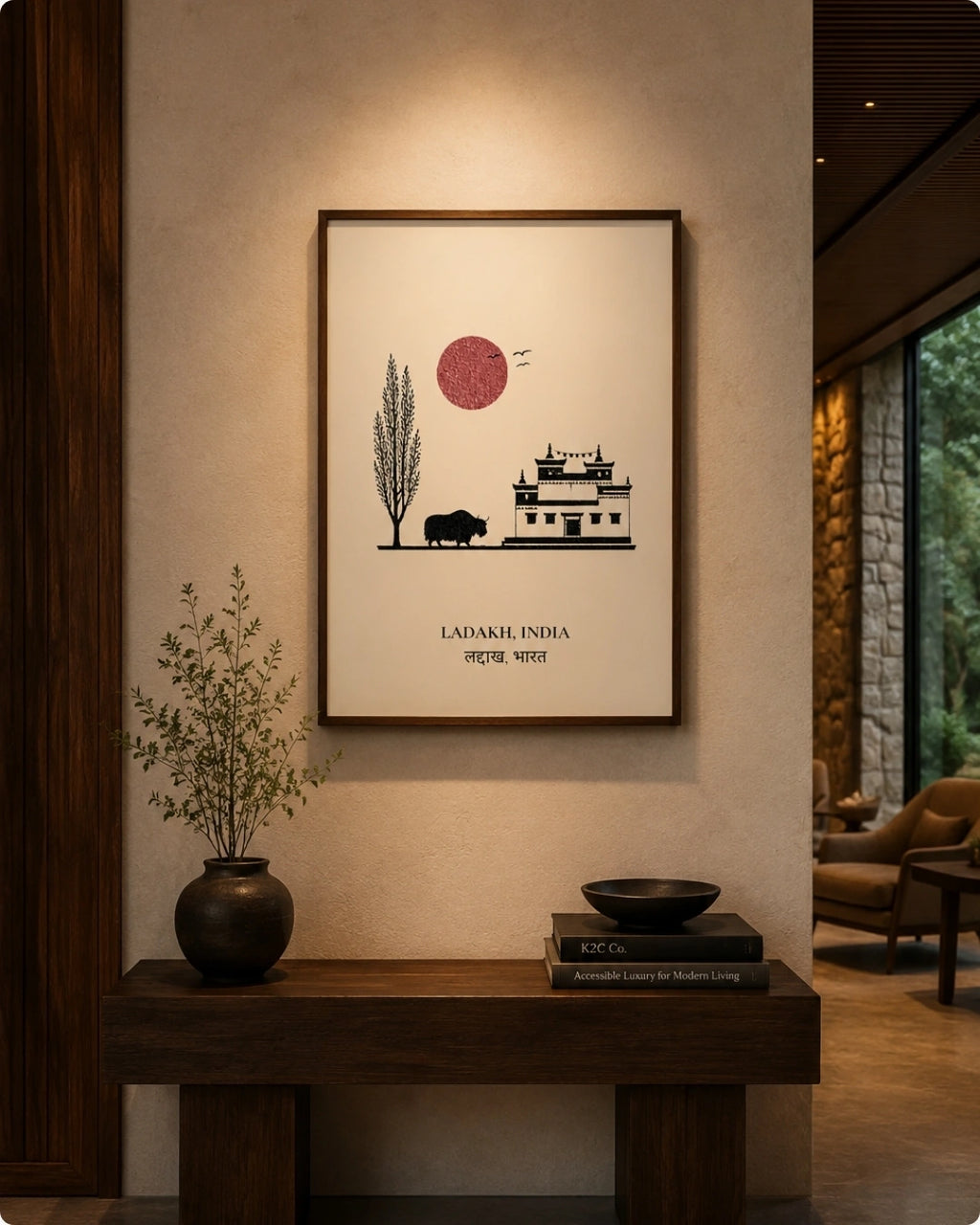 A framed art print featuring a minimalist illustration of a traditional Indian building, a tree, and a red sun with the text 'LADAKH, INDIA' displayed in a warm, modern interior setting.