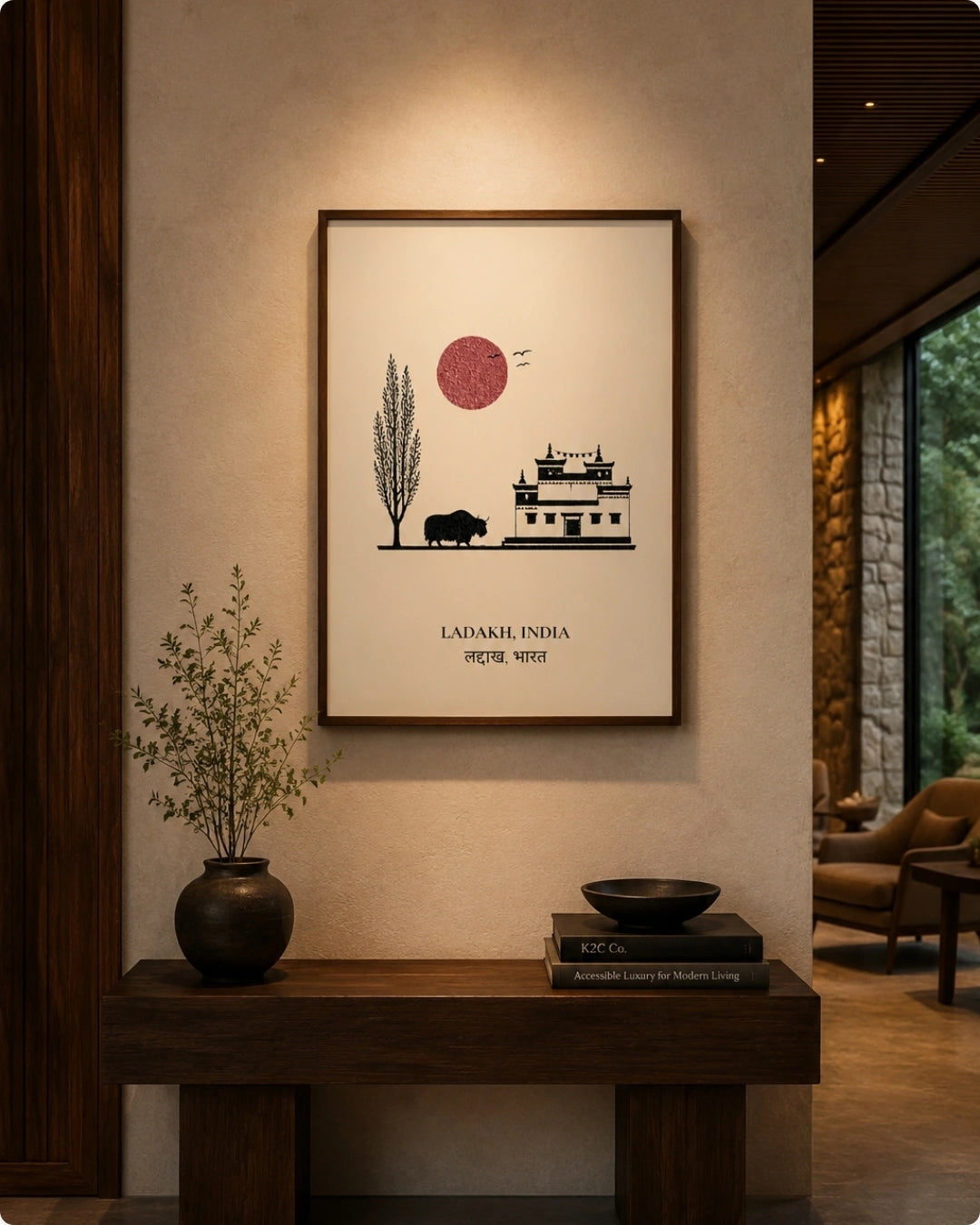 A framed art print featuring a minimalist illustration of a traditional Indian building, a tree, and a red sun with the text 'LADAKH, INDIA' displayed in a warm, modern interior setting.