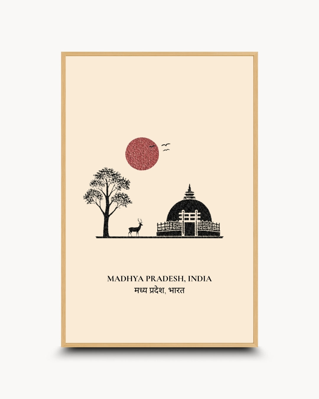 A framed travel art print of Madhya Pradesh, India, featuring a minimalist black line drawing of a stupa, tree, deer, and birds on a cream background with a light wood frame.