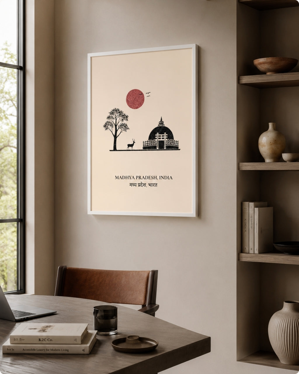 A framed minimalist art print of Madhya Pradesh, India, hanging on a beige wall in a modern, sunlit room with a wooden table and shelving.