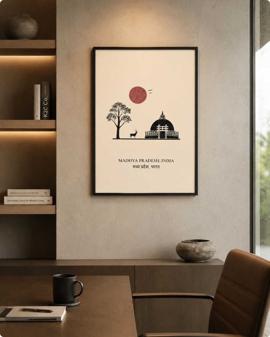 A framed minimalist art print hangs on a textured beige wall in a modern interior setting. The print features a black and red graphic illustration of a tree, a building dome, and a deer, with the text 'MADHYA PRADESH, INDIA'