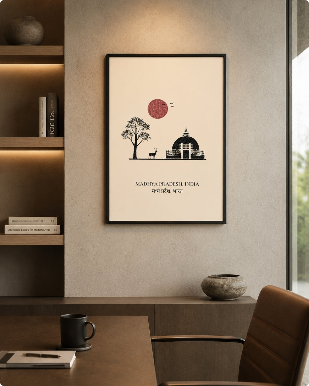 A framed minimalist art print hangs on a textured beige wall in a modern interior setting. The print features a black and red graphic illustration of a tree, a building dome, and a deer, with the text 'MADHYA PRADESH, INDIA'