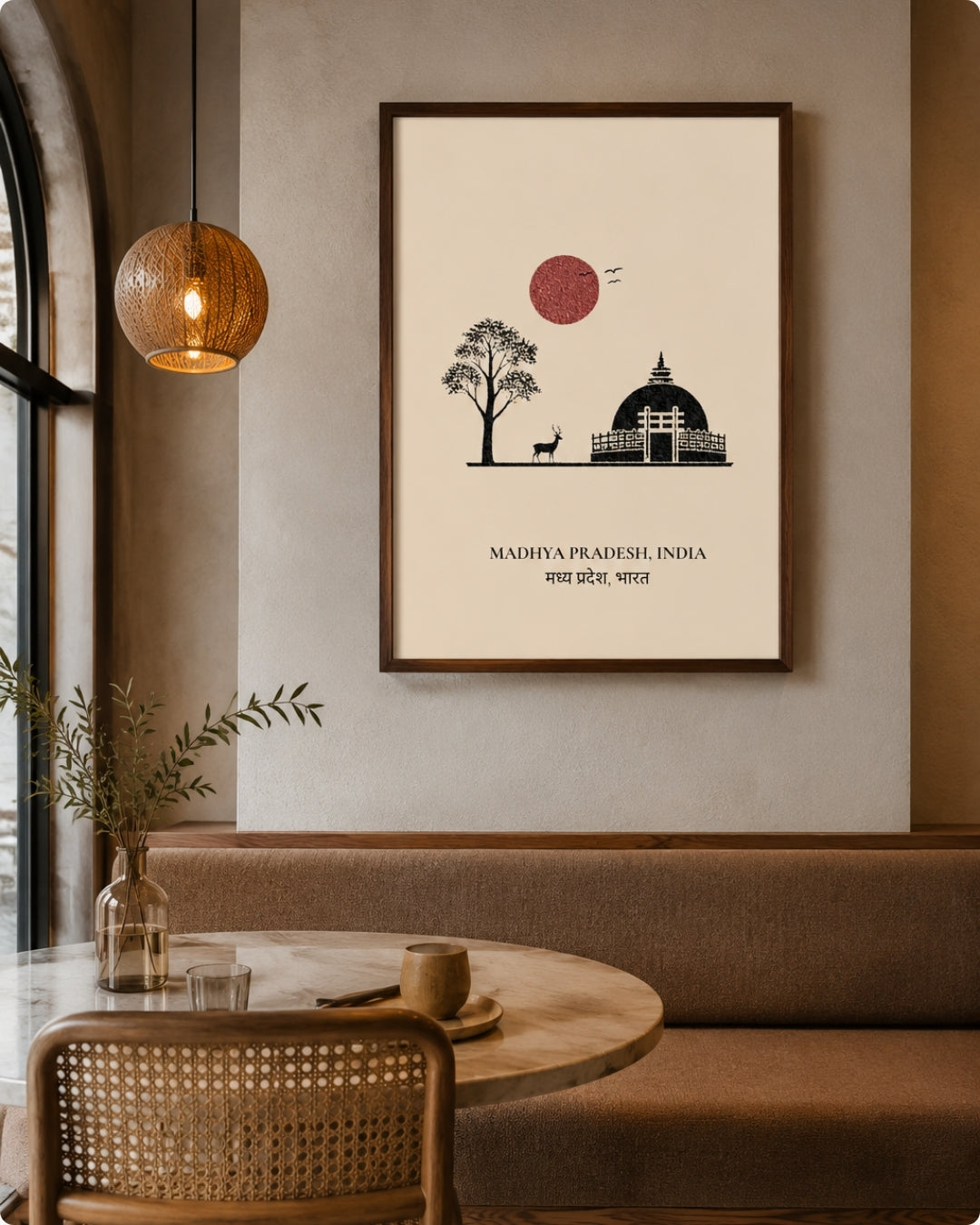 A framed minimalist art print of 'MADHYA PRADESH, INDIA', hanging on a warm beige wall in a cozy cafe setting with a wooden pendant light and table.