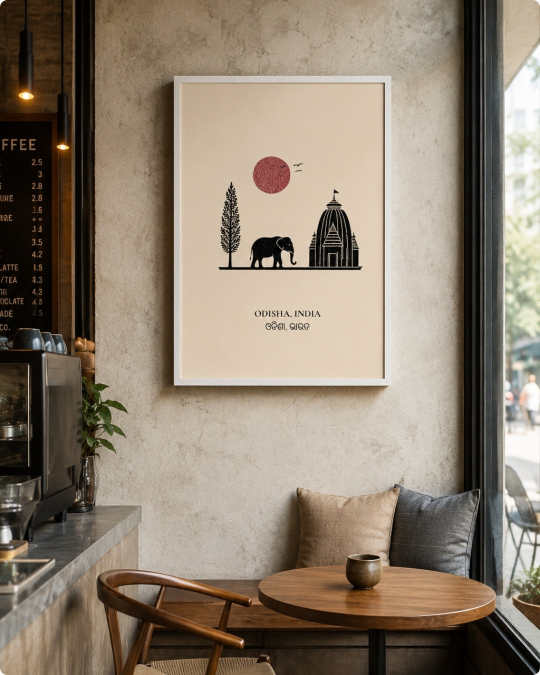 A framed minimalist art print featuring a black elephant, tree, temple, and red sun on a cream background, hanging on a textured beige wall in a cozy cafe interior.