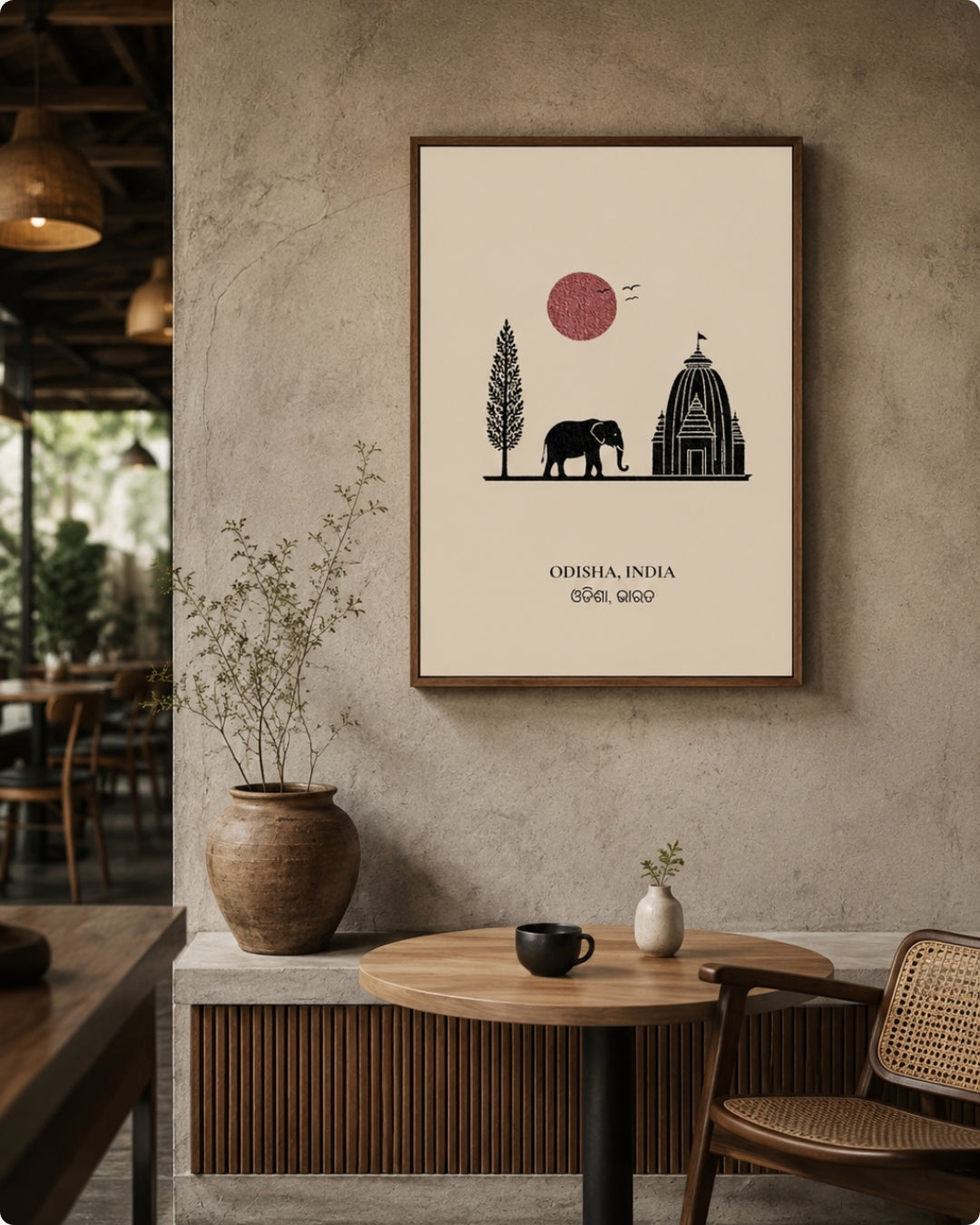 A framed art print featuring a minimalist black line drawing of an elephant, a tree, and a domed temple under a pink sun on a cream background, hanging on a textured gray wall in a cafe setting.
