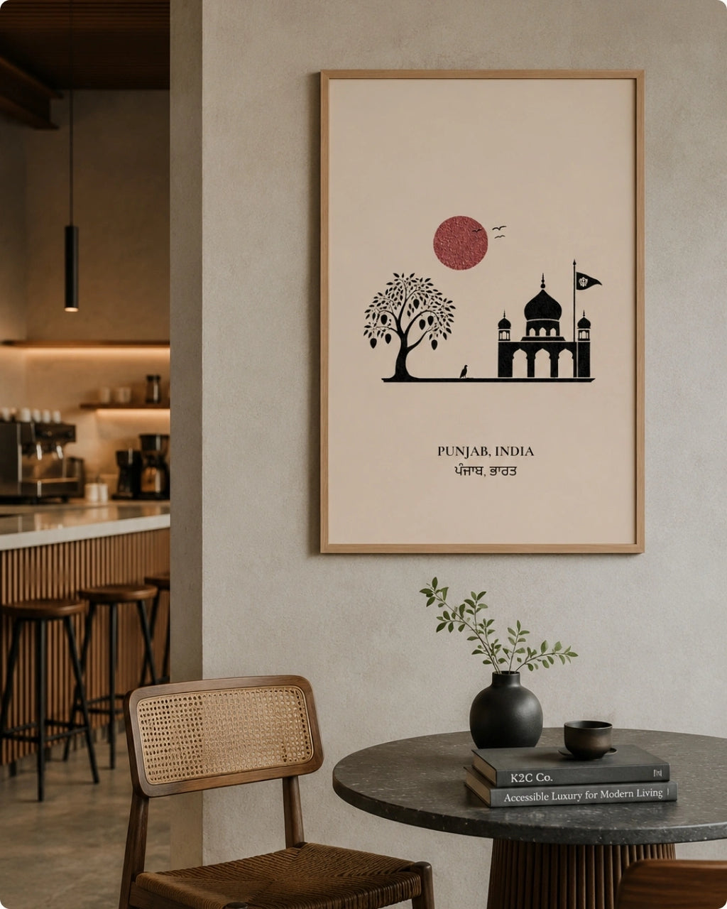A framed minimalist art print of Punjab, India, hanging on a textured beige wall in a modern cafe setting. The print features a black silhouette of a tree, a mosque, and a red sun on a cream background, enclosed in a light wood frame.