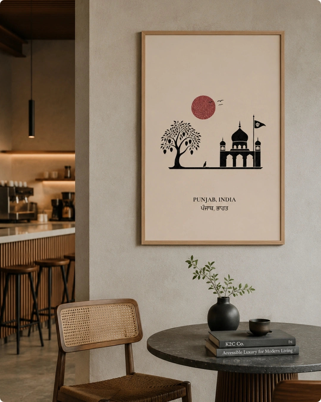 A framed minimalist art print of Punjab, India, hanging on a textured beige wall in a modern cafe setting. The print features a black silhouette of a tree, a mosque, and a red sun on a cream background, enclosed in a light wood frame.