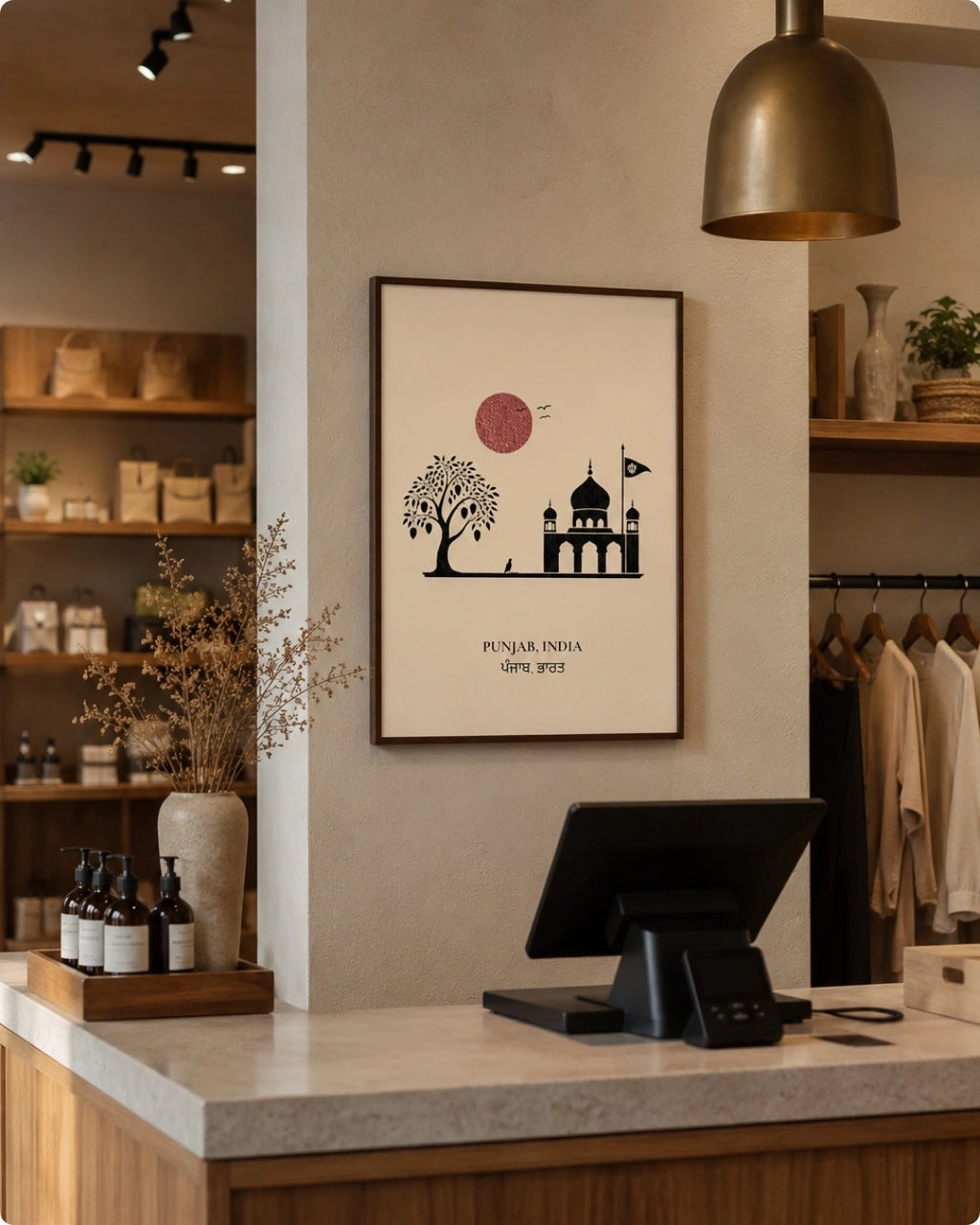 A framed minimalist art print featuring a black silhouette of a domed building and tree with a pink sun on a cream background, hanging on a beige wall in a boutique setting above a counter with a cash register.