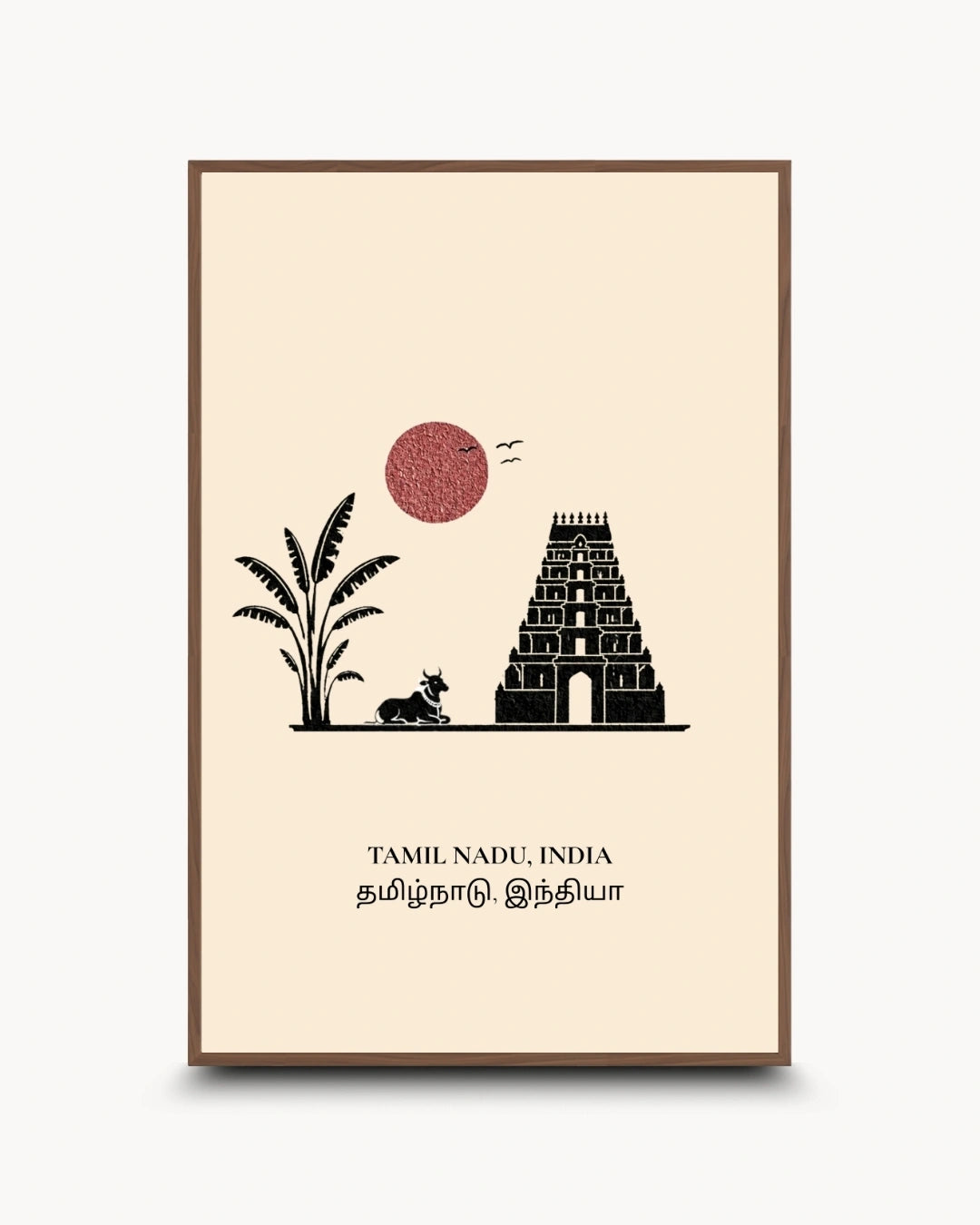 A framed minimalist art print featuring a Tamil Nadu temple silhouette, a palm tree, a cow, and a red sun on a cream background, with the text 'TAMIL NADU, INDIA' and Tamil script below.