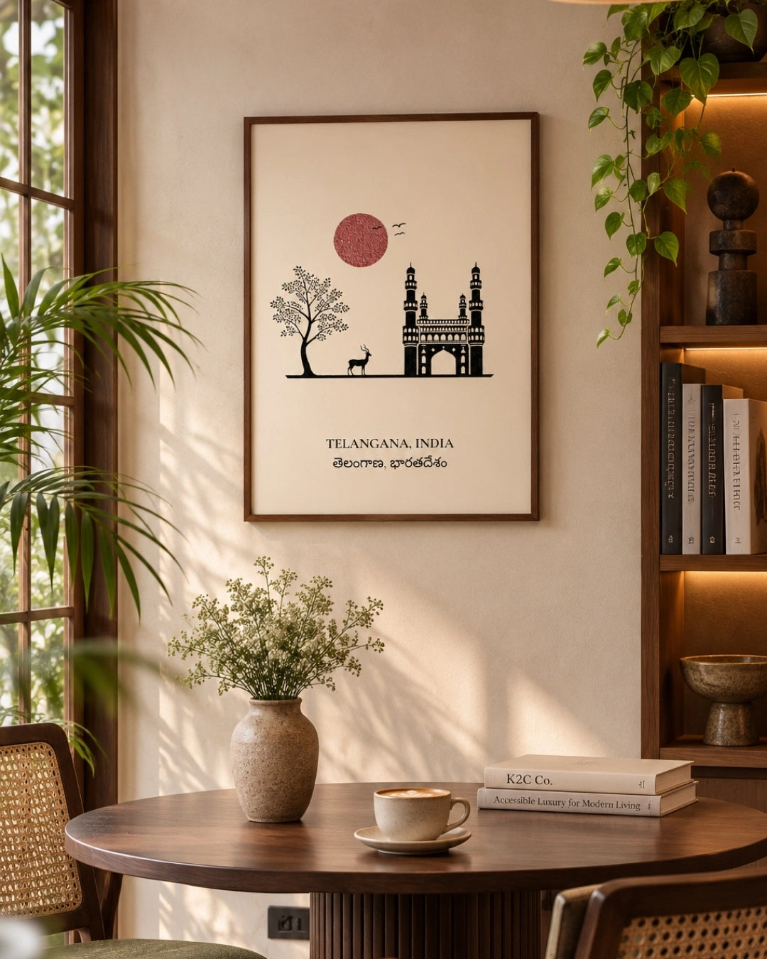 A framed art print featuring a minimalist black line drawing of a tree, a deer, a red sun, and the Charminar in Telangana, India, styled on a warm beige wall in a cozy, sunlit room with a wooden table, vase, and bookshelves.