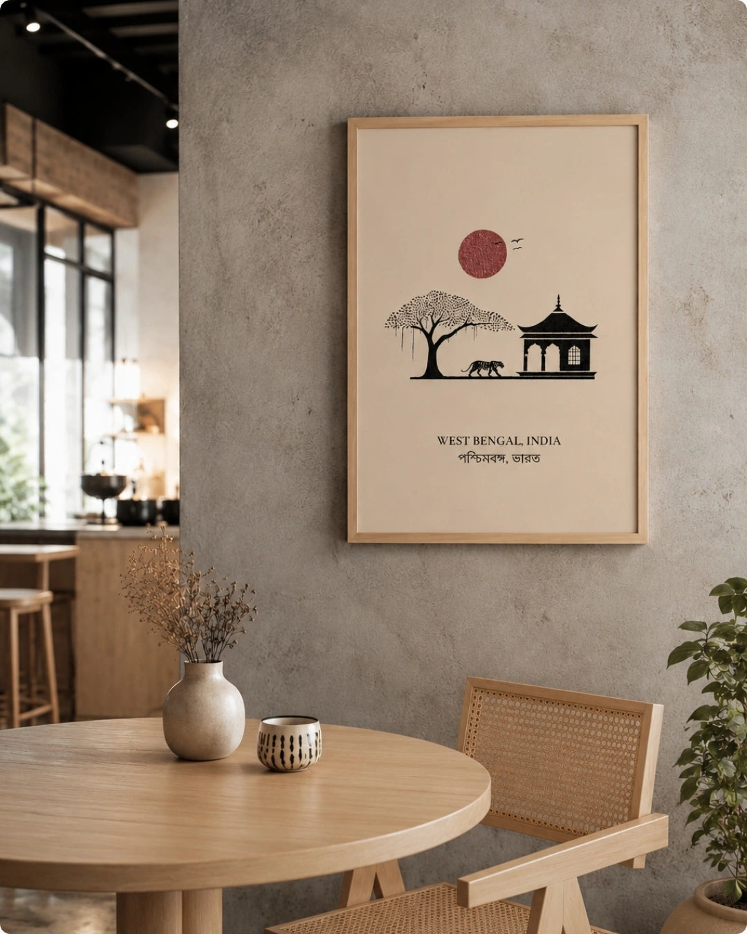 A framed art print featuring a minimalist West Bengal illustration with a red sun, black tree and pavilion silhouettes, and the text 'WEST BENGAL INDIA' on a beige background, hanging on a textured gray wall in a modern dining room setting.