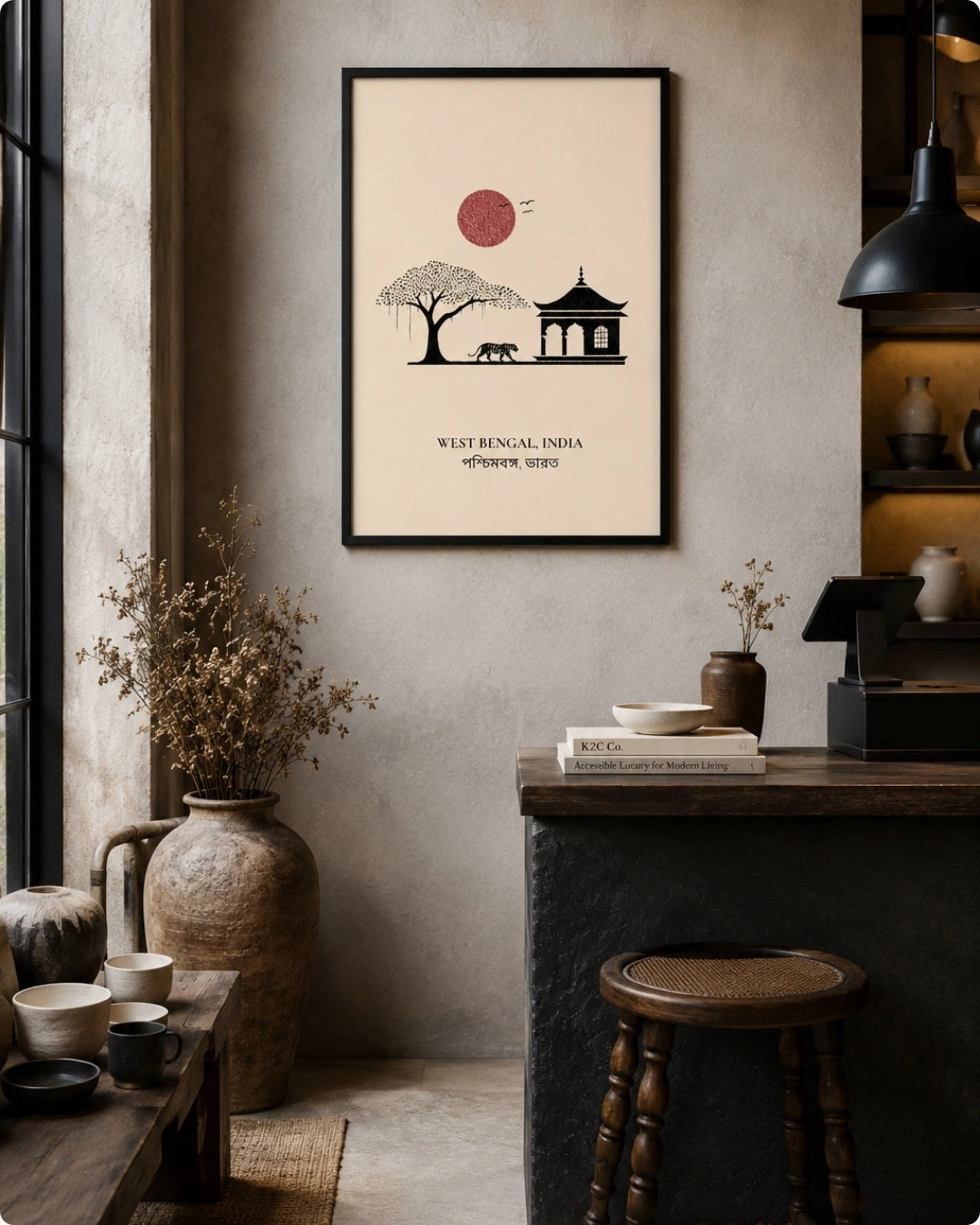 A framed minimalist art print of West Bengal, India, hanging on a textured beige wall in a styled interior room with a wooden desk, stool, and dried flowers.