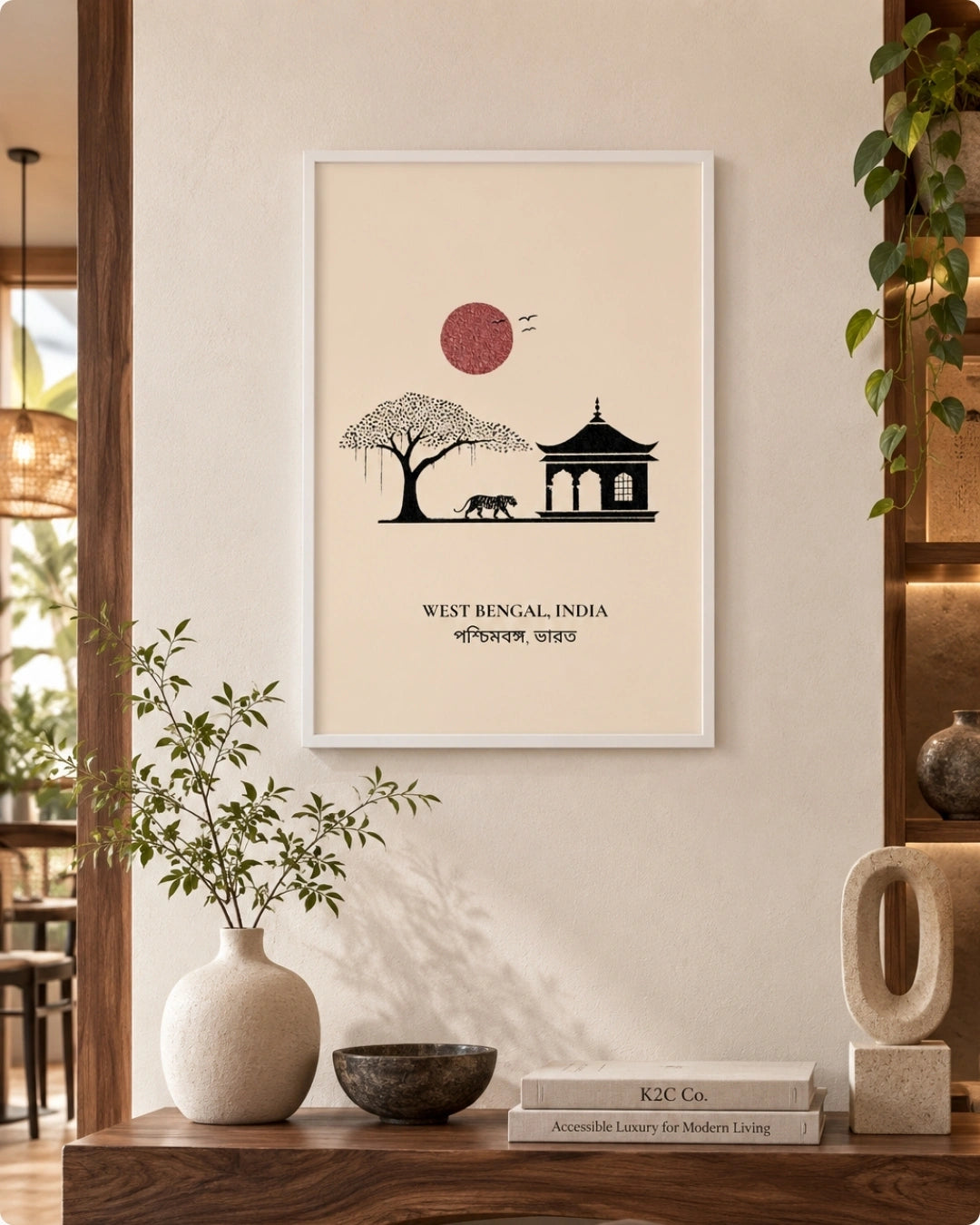 A framed minimalist art print of West Bengal, India, hanging on a warm beige wall in a styled interior setting with a wooden console table, a ceramic vase with greenery, and decorative objects.