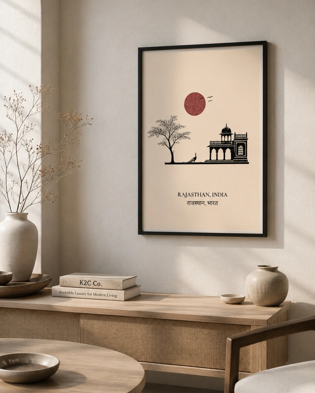 A framed minimalist art print of Rajasthan, India, hanging on a beige wall in a modern, sunlit room with a wooden console table, books, and dried flowers.