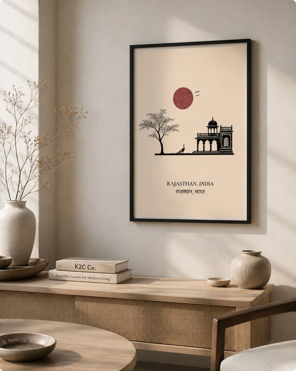 A framed minimalist art print of Rajasthan, India, hanging on a beige wall in a modern, sunlit room with a wooden console table, books, and dried flowers.