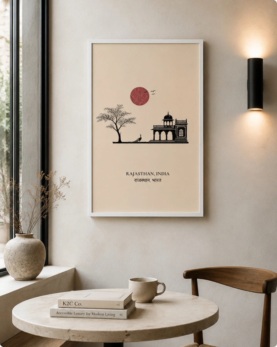 A framed minimalist art print of Rajasthan, India, hanging on a beige wall in a modern, sunlit room with a table, chair, and vase.