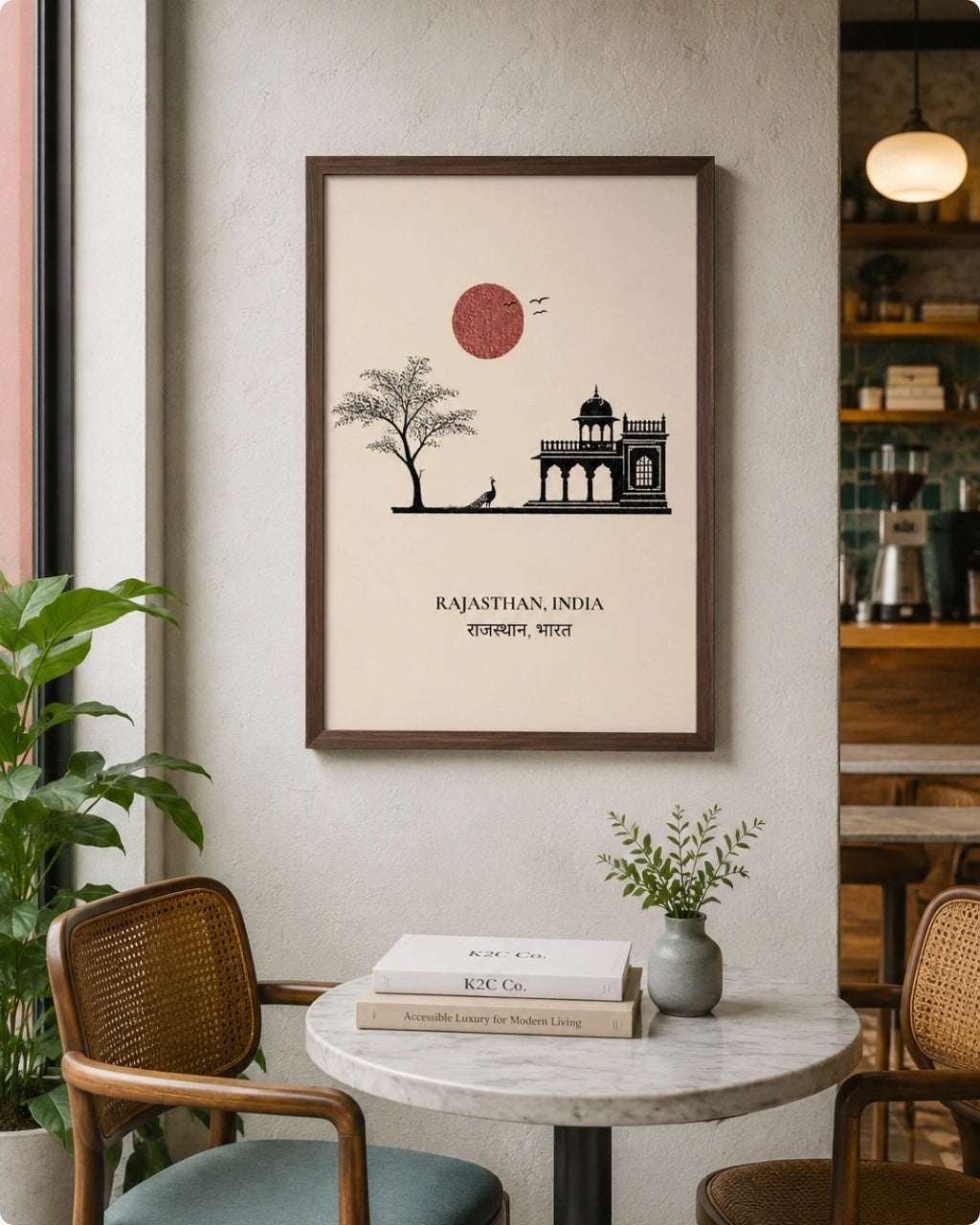A framed art print featuring a minimalist black line drawing of a Rajasthani landmark, tree, and bird with a red sun on an off-white background, styled on a wall in a modern cafe interior.