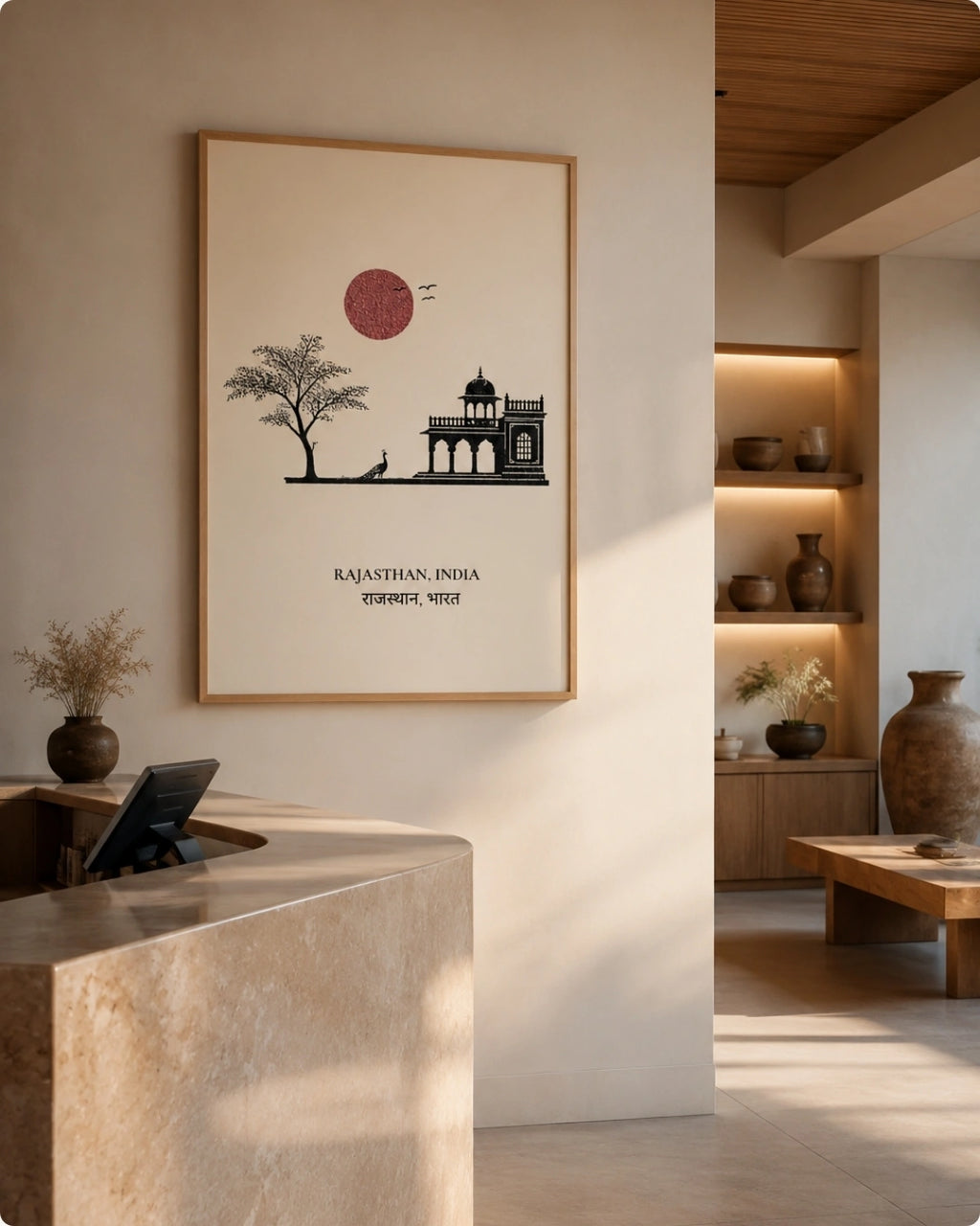 A framed art print featuring a minimalist black line drawing of a tree and a building with a pink sun, labeled 'RAJASTHAN, INDIA' in English and Hindi, displayed on a beige wall in a modern, sunlit interior.