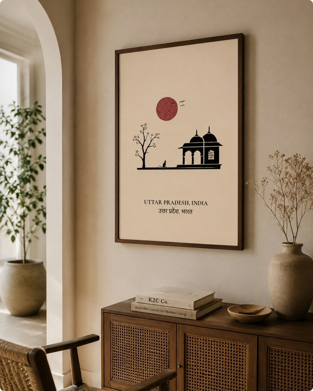 A framed minimalist art print featuring a black silhouette of a domed building and tree under a red sun on a cream background, hanging on a beige wall above a wooden cabinet in a styled interior.