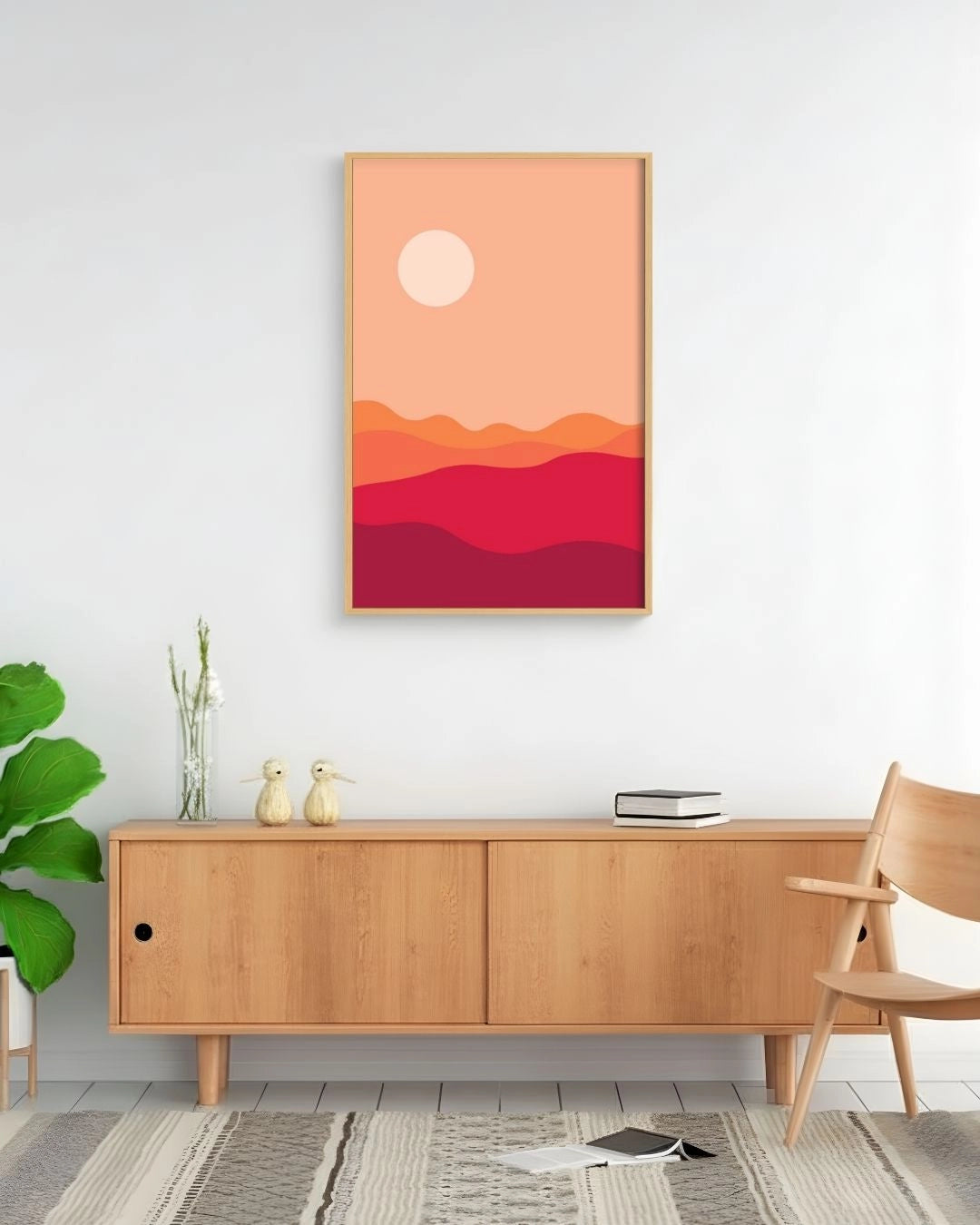 Minimalist Desert Dusk abstract landscape art by K2C Co. in a Maple Wood frame, styled above a natural wood sideboard in a bright Japandi-style living room.