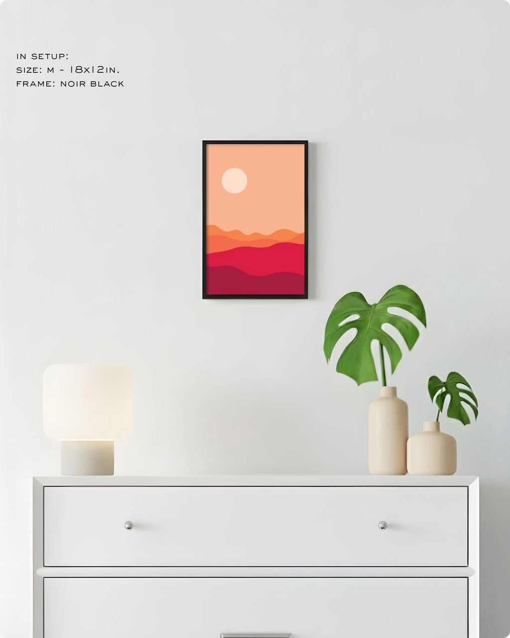 Medium (Size M) Desert Dusk abstract landscape art in a Noir Black frame by K2C Co., featured in a minimalist decor mockup to show relative print scale.
