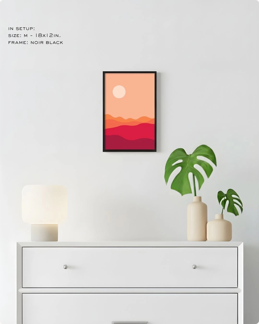 Medium (Size M) Desert Dusk abstract landscape art in a Noir Black frame by K2C Co., featured in a minimalist decor mockup to show relative print scale.