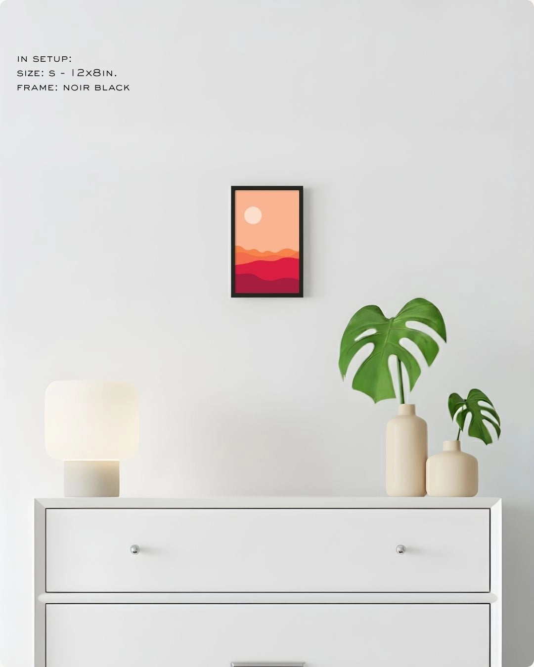 Small (Size S) Desert Dusk minimalist landscape print by K2C Co. in a Noir Black frame, displayed on a bedroom wall above a white dresser for small-space styling.