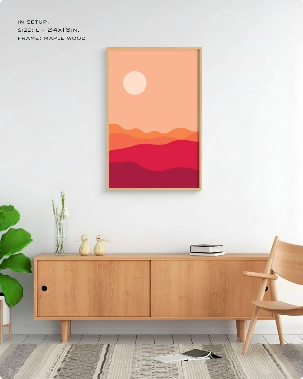 Desert Dusk abstract landscape print by K2C Co. in a natural Maple Wood frame, featured in a warm minimalist living room mockup with mid-century furniture.