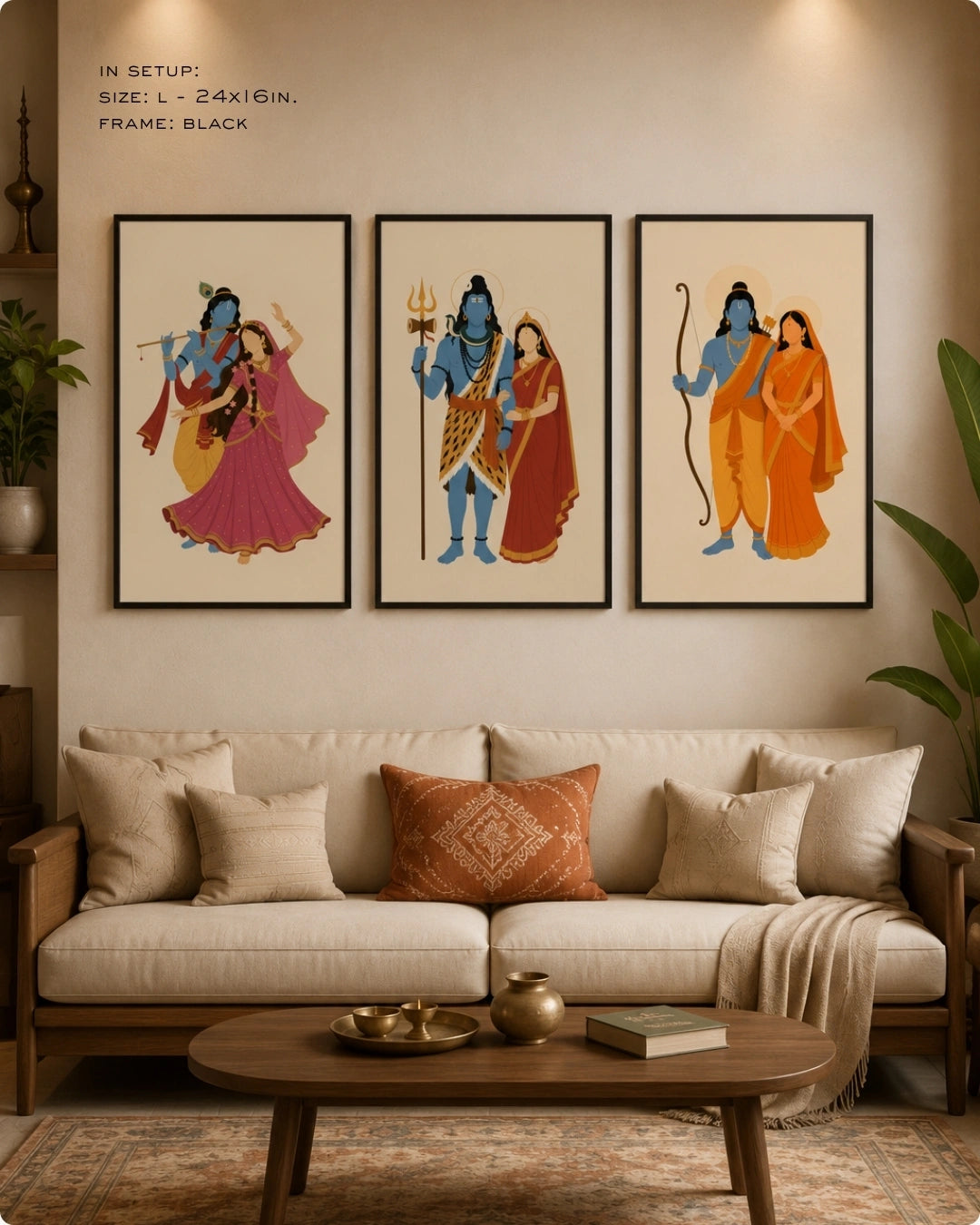 Lifestyle mockup of the minimalist Hindu divine couples wall art set of 3 in sleek black frames, styled above a warm beige sofa in a contemporary living room.
