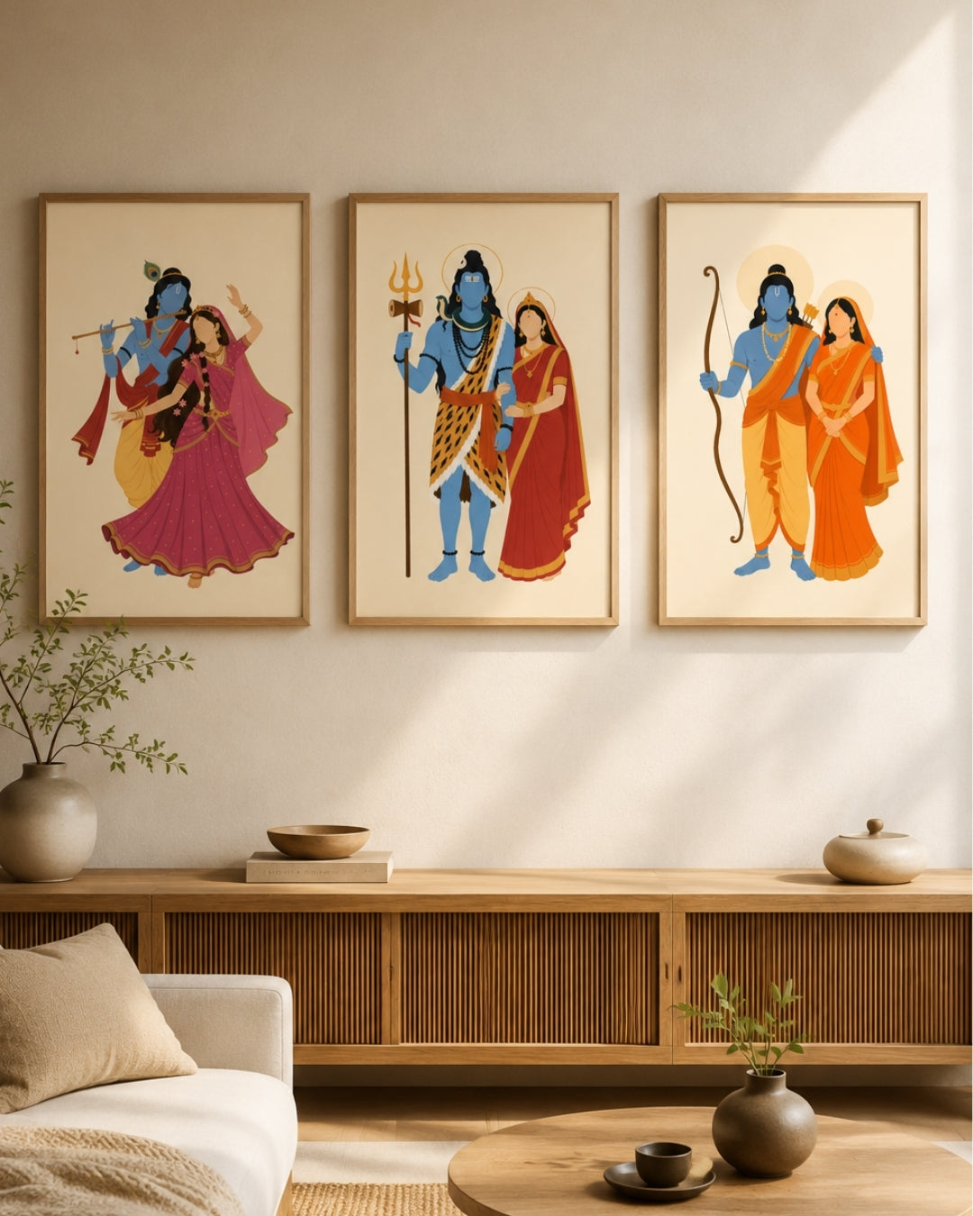 Lifestyle mockup of the minimalist Hindu divine couples wall art set of 3 in maple wood frames, hung in a serene Japandi-inspired living space with natural wood elements.