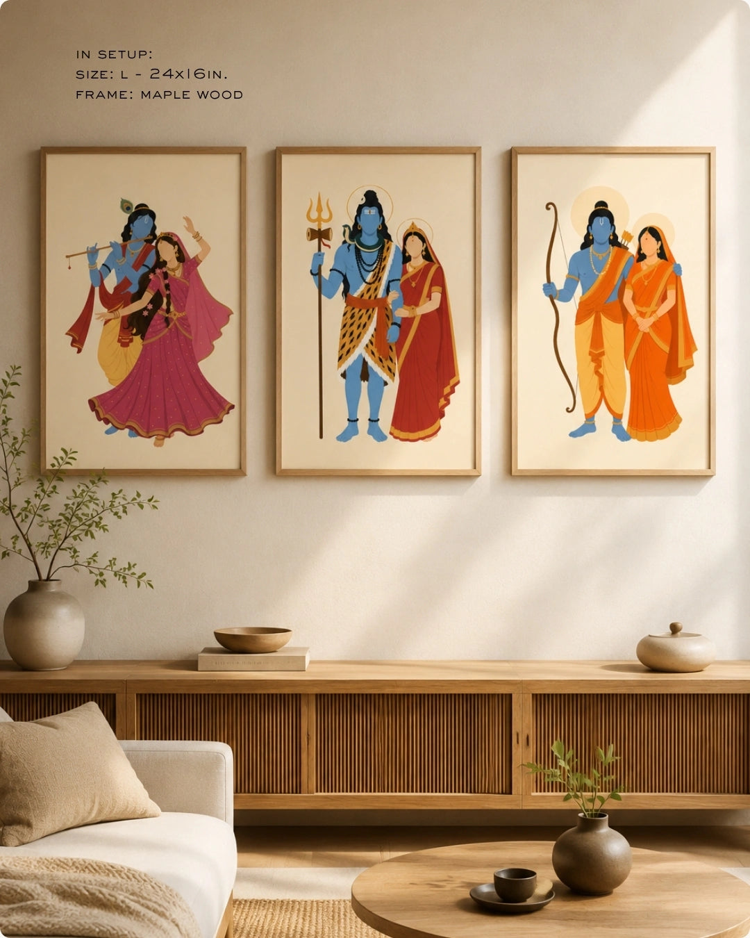 Lifestyle mockup of the minimalist Hindu divine couples wall art set of 3 in maple wood frames, hung in a serene Japandi-inspired living space with natural wood elements.