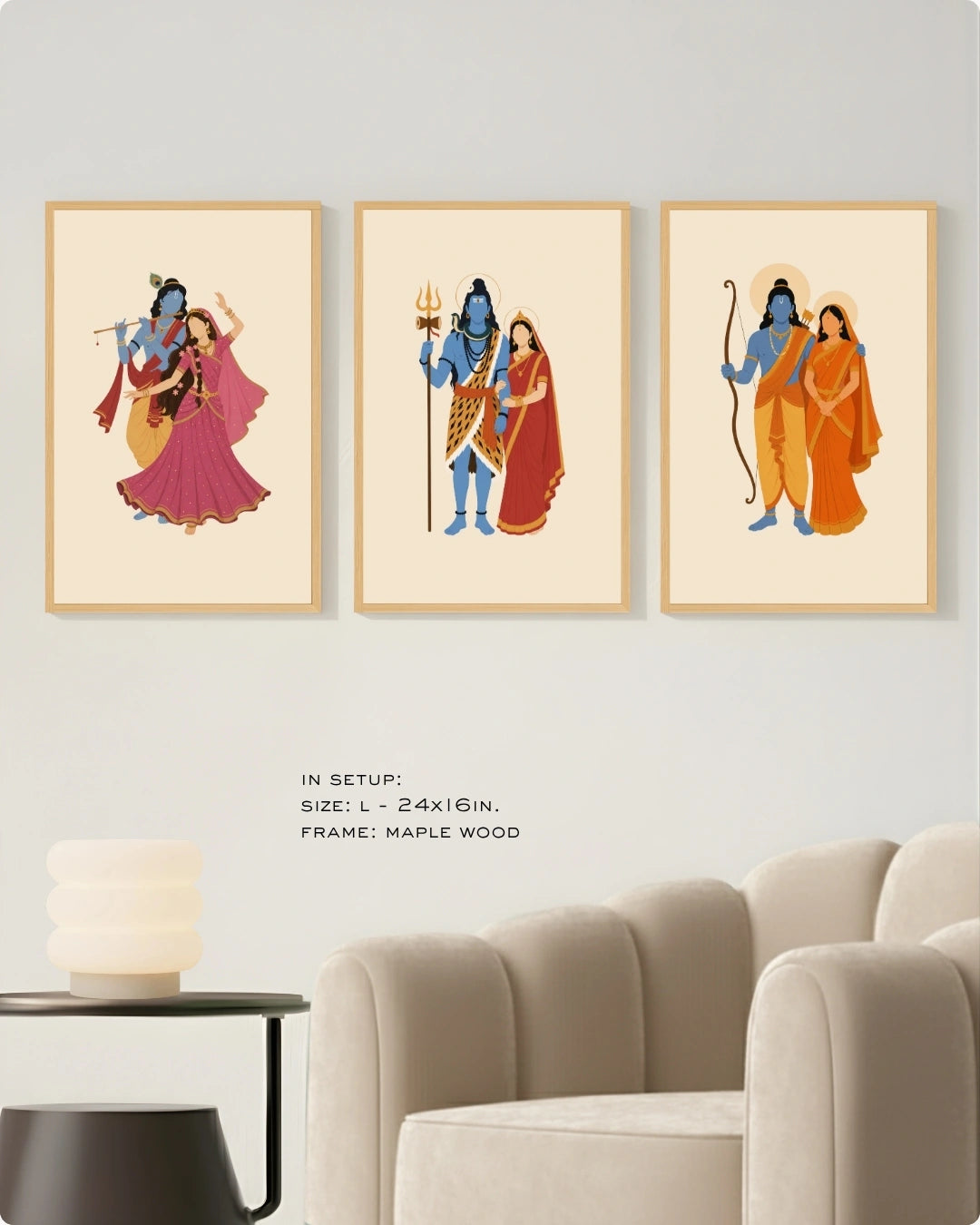 Visual size guide mockup for the Hindu divine couples wall art set of 3 in Large size with maple wood frames, shown scaled perfectly next to a contemporary beige armchair.