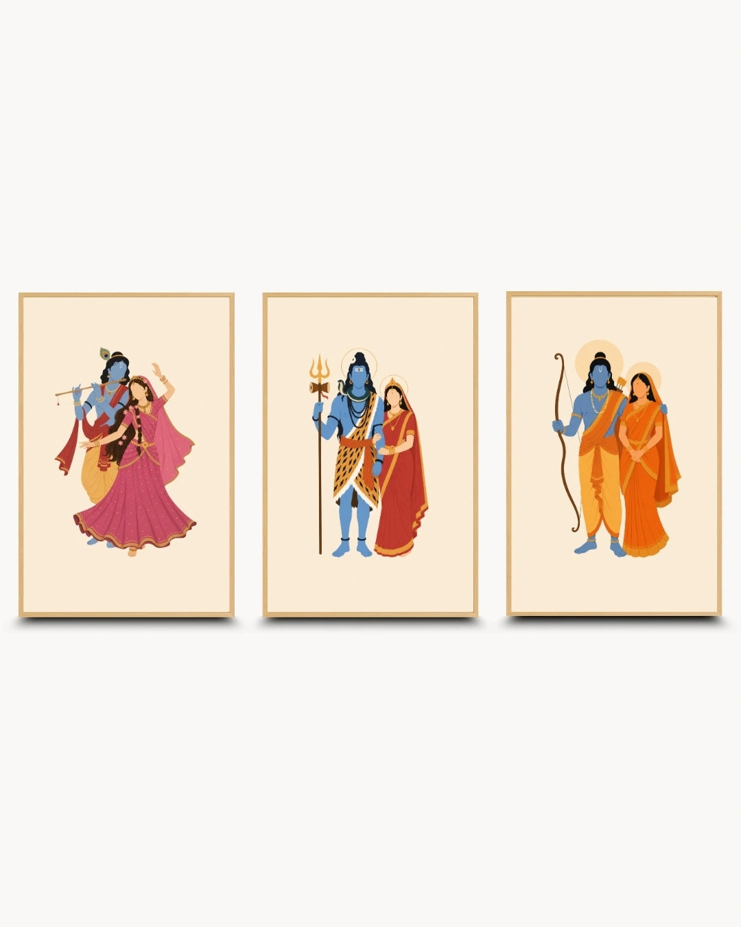 Minimalist illustration of the Hindu divine couples Radha-Krishna, Shiva-Parvati, and Sita-Rama, presented as a set of three modern wall art pieces in light maple wood frames.